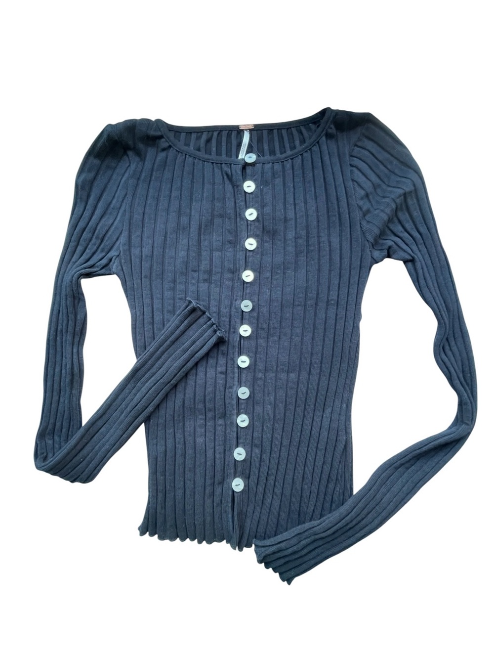 Free People Tilly Black Ribbed Button-Front Long Sleeve Top - Picture 8 of 11